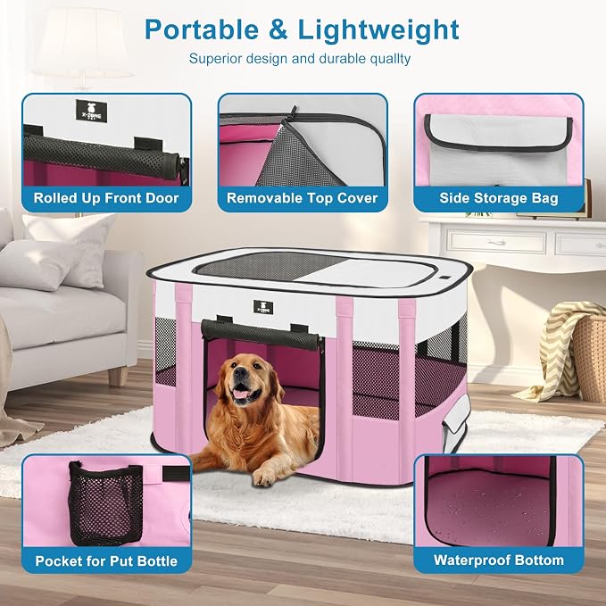 X-ZONE PET Dog Playpen, Puppy Cat Play Pen Portable Foldable Indoor/Outdoor Tent Crate Cage, Portable Pet Crate Medium Size Pink 33"