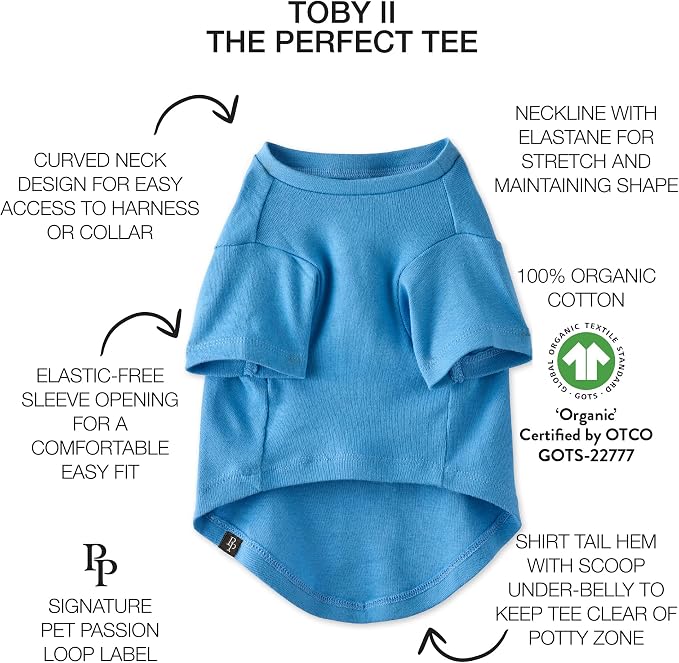 Pet Passion Toby II - The Perfect Tee, 8 Pack Short Sleeve Pet T-Shirt 100% Organic Cotton Tees Clothes for Small, Medium, Large Dogs, Rainbow Blue, XX-Large