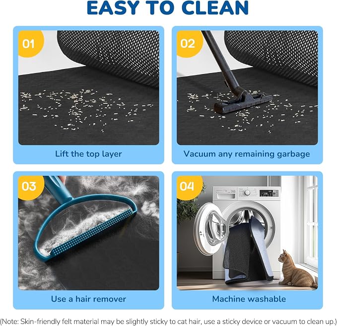 Cat Litter Mat 47" x 35", Washable Urine-Proof Non-Slip Black | Machine Washable, Upgraded Felt & Fabric Material Litter Mat for Fewer Creases, Hold 3-4 Litter Boxes, Soft on Paws