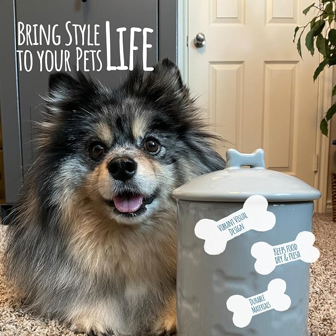 Ceramic Pet Treat Jar with Airtight Lid for Dogs, Cats, Puppies and More, Chic Kitchen Countertop Container for Cookies, Biscuits and Treats (Manor, Grey, 1.4 Qt)