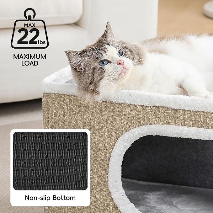 Cat Houses for Indoor Cats, Large Covered Cat Cave Beds & Furniture with Scratch Pad and Fluffy Ball,Foldable Cat Hideaway for Kitten,16.5x16.5x13 inches, Khaki‌