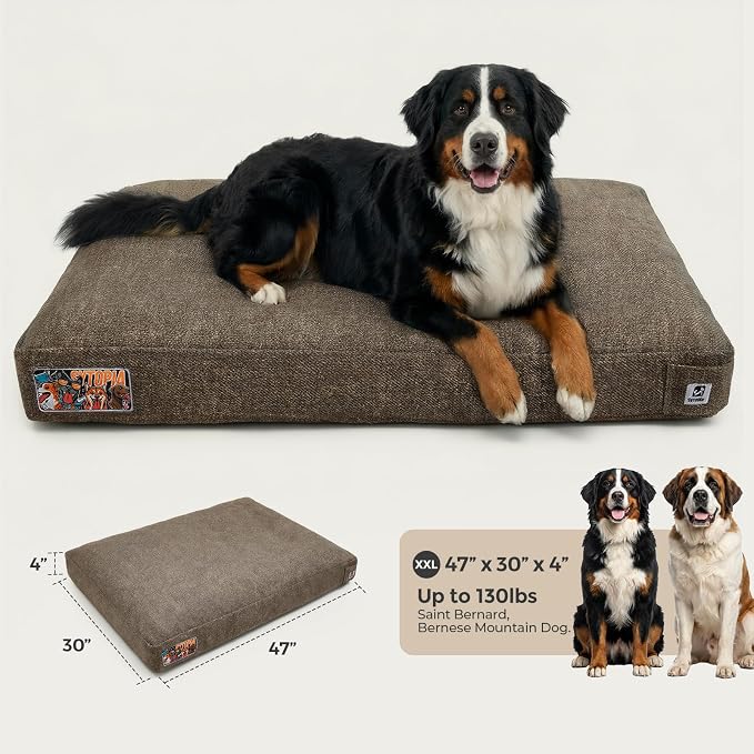 Sytopia 47 Inch Durable Indestructible Dog Beds for XXL Dogs, Chew Proof Waterproof Pet Crate Pad with Machine Washable Removable Cover, Great for Indoor, Outdoor, Crate, Patio Use, Brown