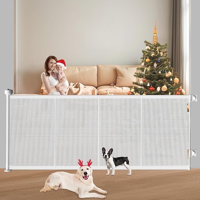 Pawtners Retractable Baby Gates Extra Wide, 41" Tall Extends up to 71" Wide, Dog Gate Indoor with for Stairs, Pet Gate with Support Rods for Doorways Hallways Indoor & Outdoor-White