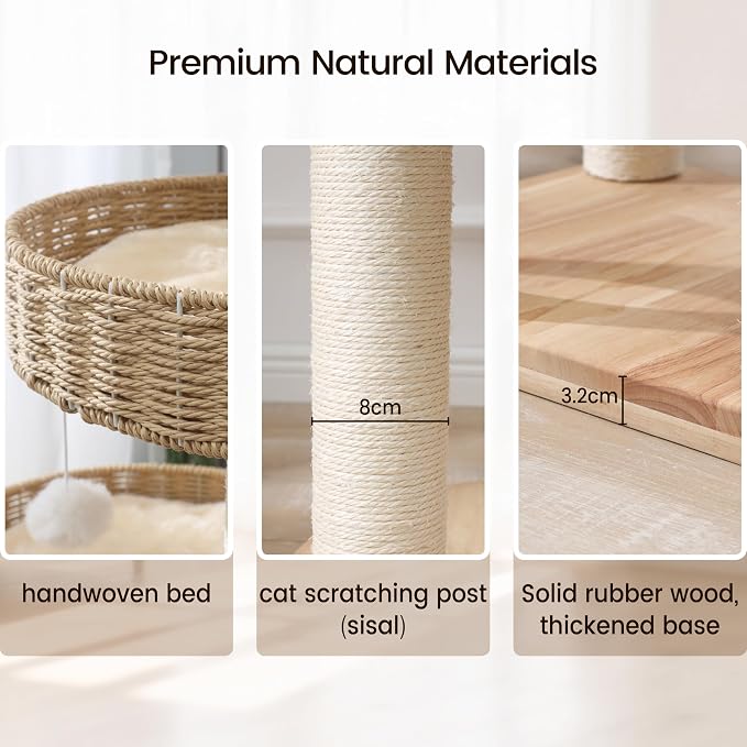 Solid Wood Cat Tree for Large Cats, 48-Inch Modern Cat Tower with Hand-Woven Baskets, Multi-Level Cat Condo with Sisal Scratching Posts, Sturdy Indoor Cat Furniture for Big Cats up to 20lbs
