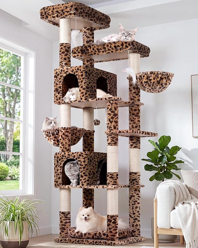 Globlazer Heavy Duty Cat Tree, 81 inch Extra Large Cat Tree for Indoor Cats Large Adult, Sturdy Cat Tower with 8 Scratching Post, 2 Cat Condos, 2 Platform, S81C, Leopard Print