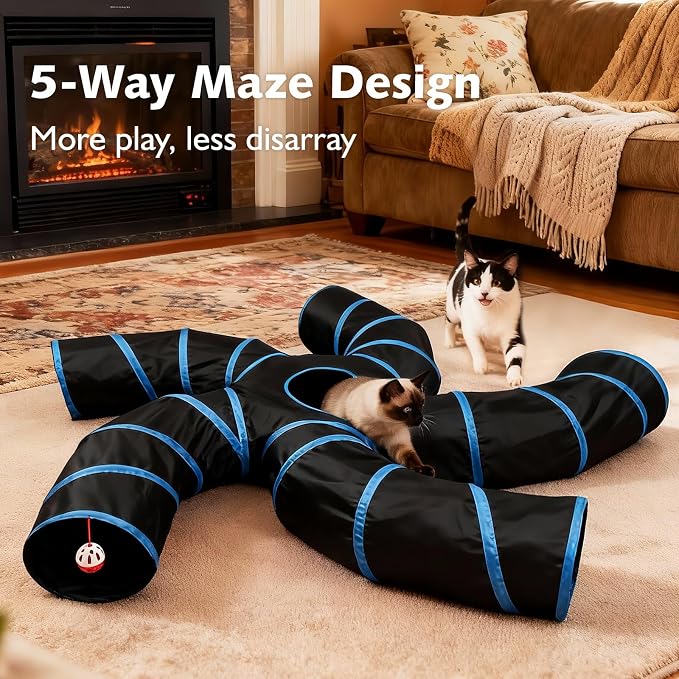 Joytale Cat Tunnel for Multiple Cats, 5-Way Indoor Tube Toy to Chase & Hide | Bell ball & Toy Mouse Included; Peekaboo Hole; Pops Open & Folds Into Zip Bag; Fits Cats to ~12 lb; Kittens & Rabbits Too