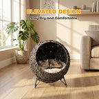 PawHut Rattan Cat Bed Elevated Handwoven Cat Basket Bed for Kittens Gray | Soft Cushion, Metal Base, Indoor Kitty Furniture, Breathable
