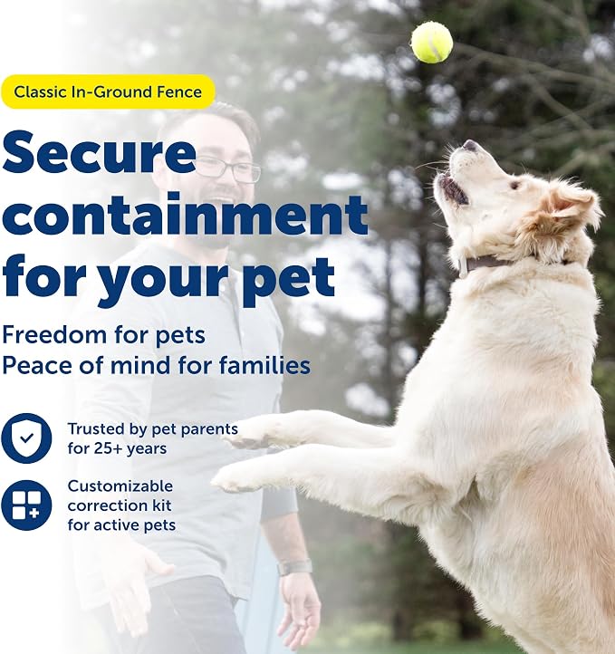 PetSafe Classic In-Ground Fence for Dogs & Cats, Up to 1/3 Acre | Tone, Vibration, and Static Correction, Expandable Up To 5 Acres Waterproof Rechargeable Collar, LCD Boundary Display, 5lb+