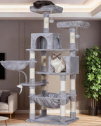 Heybly Cat Tree, 70 inches Tall Cat Tower for Indoor Large Cats HCT032W | Big Cat Condo with Toy , Cat House Furniture with Padded Plush Perch, Cozy Hammock and Sisal Scratching Posts, Light Gray