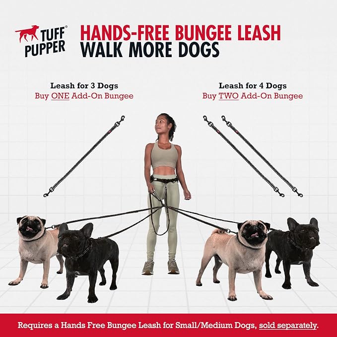 Tuff Pupper Heavy Duty Hands Free Dog Leash | Two Small/Medium Dogs Up to 90 lbs | Comfortable Shock Absorbing Bungee | Reflective Padded Handles | Lumbar Waist Belt 28-50" | Jogging Running Leash