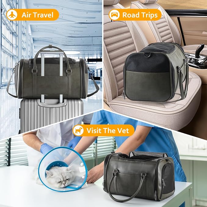 Stylish Leather Pet Carrier for Small Dogs and Cats Up to 15 lbs, Airline Approved Lightweight Travel Tote with Breathable Mesh and Shoulder Strap Green