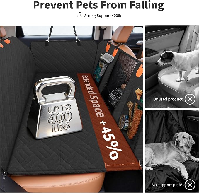Dog Seat Cover, 3-Section Design, Waterproof Non-Slip Car Hammock for Large Dogs, Fit Full-Size Truck & SUV, +45% Extra Space, Black