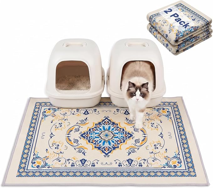 Bienbee Cat Litter Mat, 2PCS 33"x22" Machine Washable Litters Box Mats Non-Slip &Waterproof Cat Litters Trapping Mats Easy to Clean Mat for Litter Box Less Waste Protects Floors Blue and Gold L