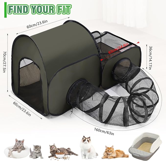 Tailtastic Indoor/Outdoor Cat Playpen with Surround Tunnel 2 Zones Green | escape-proof enclosed enslosure,lightweight foldable for travel, ideal for indoor cats, multi-cat homes & birthing
