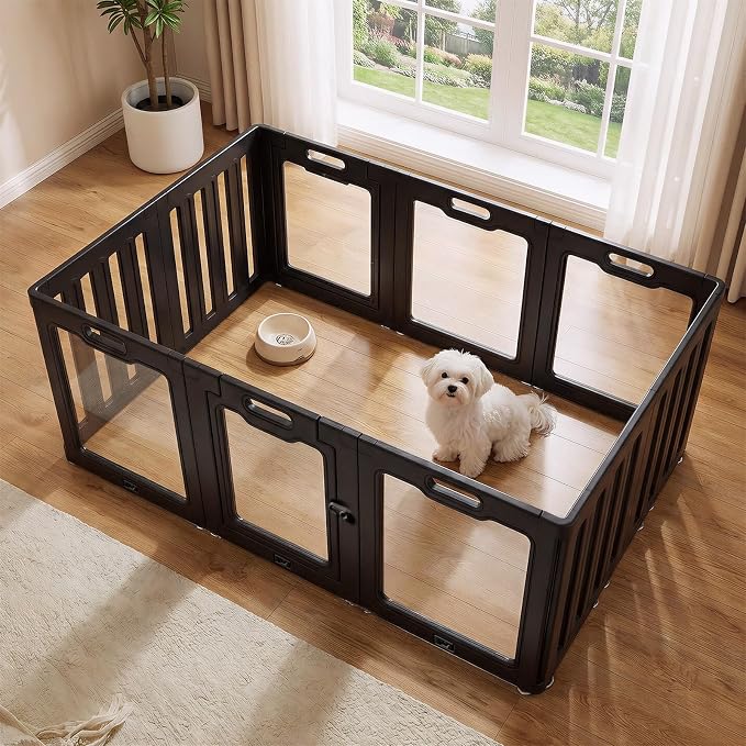 Soulbond Clear Acrylic Dog Playpen Indoor (24 Inch, Black, 10 Panels) | Non-Slip,Tool-Free Assembly, External Door Lock Play Pen for Puppies and Small Dogs