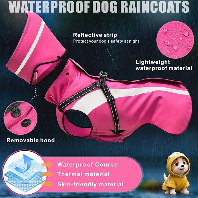 Dog Raincoat Waterproof Raincoats for Dog Reflective Dogs Rain Jackets with Hood Hoodie Pet Rain Poncho Coat for Small Medium Large Dogs Puppies S-XXL (Pink, L)