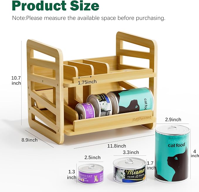 Rolling Bamboo Cat Food Can Organizer, 2-Layer Wet Cat Food Storage Container Holds 42 (3oz) Cans, Canned Cat Food Organizer and Storage for Countertop Kitchen Cabinet or Pantry Shelf