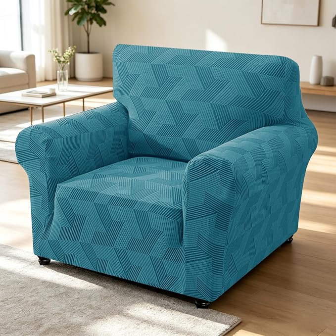 ZNSAYOTX Stretch Armchair Covers for, 1-Piece Chair Slipcovers for Living Room, Furniture Protector with Elastic Bottom for Dogs Cats Kids Geometrical Jacquard Fabric (Small, Peacock Blue)