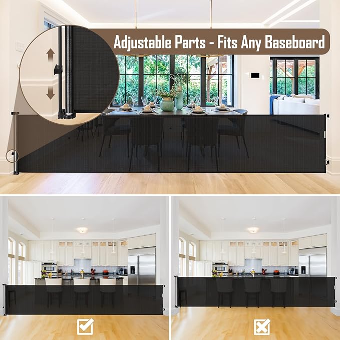 185" Extra Long Baby Gates for Large Openings, Retractable Dog Gate, Black | Indoor/Outdoor Retractable Gate for Garage/Deck/Living Room, Space-Saving, Easy to Use Safety Lock, Sturdy Mesh, Easy Install