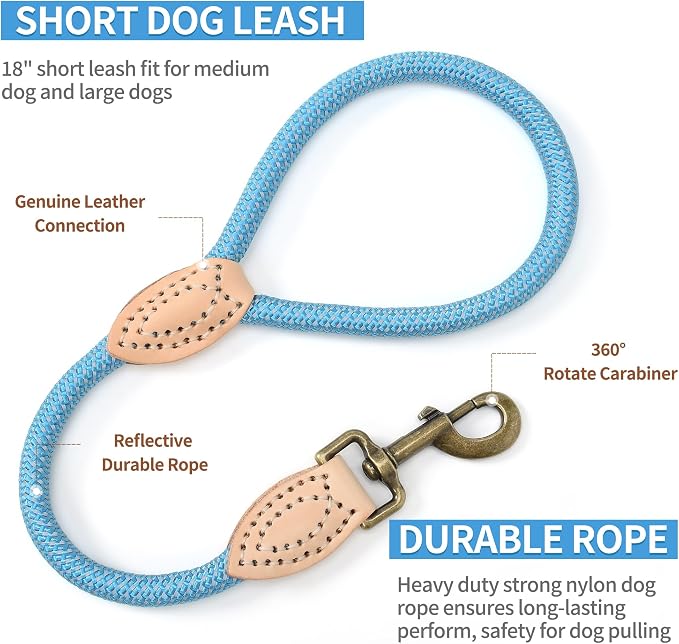 Mile High Life Short Dog Leash with Genuine Leather Connection, 4/5/6 FT | Rope Leash, Heavy Duty 360° Swivel Metal Clasp, for Small Medium & Large Dogs Walking (Green, 18 Inch)