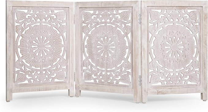 Lightnpro 3-Panel Carved Wooden Dog Gate – 54 Inch Foldable Freestanding Pet Barrier, White Wash Indoor Safety Fence for Small Dogs & Puppies – 24x18 Inch Panels