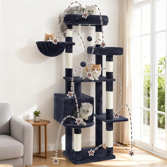 Gitelsnour 55.1'' Cat Tree Tower for Indoor Cats, Large Platform, CCT013G | 7 Sisal Scratching Posts, Multi-level Cat Condo Cat Cave, 2 Padded Perches, Basket, Furry Ball, Toy, Smoky Gray