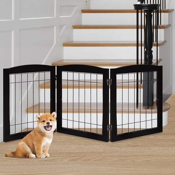 LZRS 3-Panel Freestanding Foldable Wooden Dog Gate –Solid Wood & Steel Wire Chew-Resistant Indoor Safety Pet Fence for Doorways & Stairs, Ideal for Small to Medium Dogs & Puppies, Black