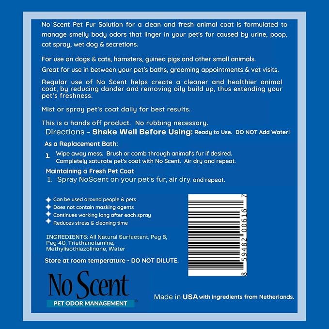 No Scent Pet Fur Odor Spray & Rinseless Cleaner for Dog, Cat, Hamster, Small Animal & Furry Pets (2 Fl Oz / 59 mL)