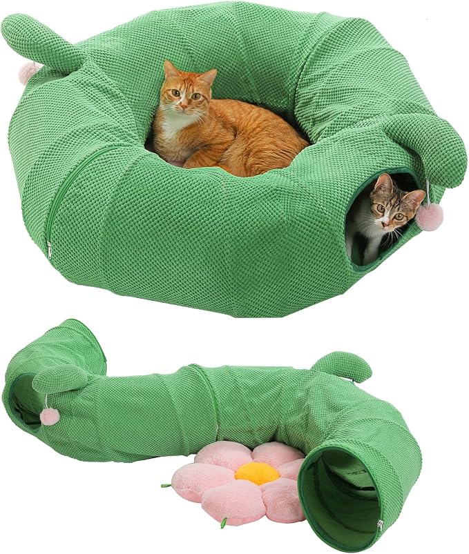 PAWZ Road Cactus Cat Tunnel Collapsible Cat Donut Tunnel with Flower Bed | 38" diameter,2 tunnels & flower mat form Large cat tunnels Peephole & dangling balls for indoor adult cat