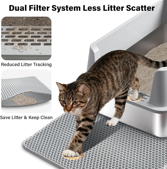 Stainless Steel Cat Litter Box with Lid,XL Metal Litter Box Stainless Steel | Mat & Scoop, Odor-Free/Anti-Leakage & Non-Stick/Easy Clean, High-Sided Litter Box for Multiple Big Cats(XL/Grey)