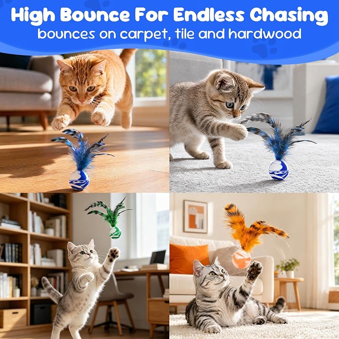 Cat Feather Toys 20 Pack, Cats Bouncy Balls for Indoor Cats | Feather Chase & Fetch Balls, Bouncy Tails Cat Toys with Durable Rubber, Interactive Home Chase Exercise Hunting Play