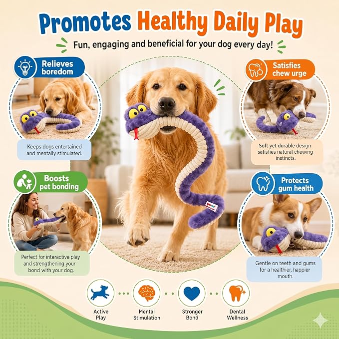 Squeaky Dog Plush Chew Toy, Interactive Tug Squeaky Toy for Chewers, Medium & Large Dogs & Fetch Play, 39.4 in Stuffed Silly Snake Toy with Elastic Stretchable Body for Gentle Gum Care&Boredom Relief