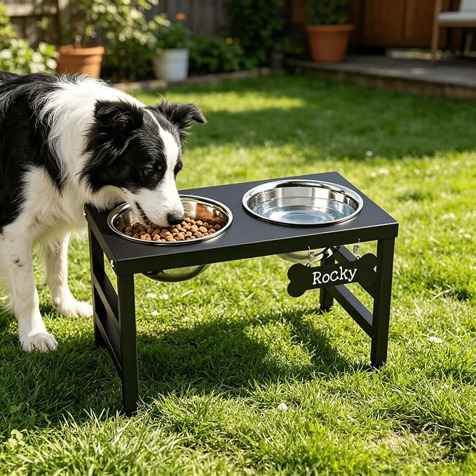 ADENGL 10" Elevated Dog Bowls – Metal Raised Dog Bowl Stand with 2 x 1700ml Stainless Steel Bowls, 1 Slow Feeder & Non-Slip Mat for Dogs