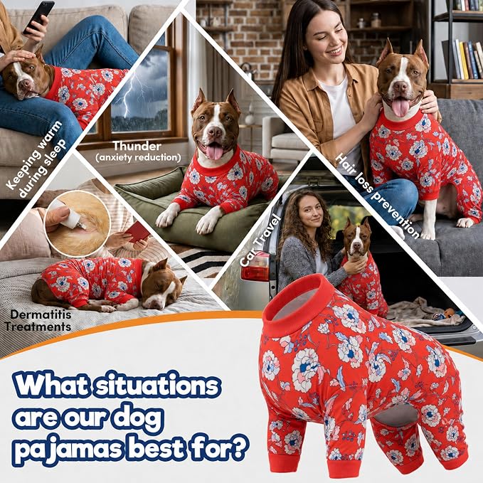 LovinPet Large Dogs PJS sweatshirt, Anti Licking, UV Protections Dog Shirt, Stretchy Comfortable Skin-friendly Fabric, Post Surgery Recovery Dog Pajamas, Red & Peach Floral Print, Onesies for Dogs,2XL