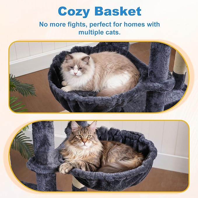 Hey-brother Cat Tree Tower with Large Platform, Spacious Condo, MPJ060G | 35.4 Inches, 2 Cozy Hammocks, Self-Grooming Brush, Sisal Scratching Posts for Big Indoor Adult, Maine Coon, Smoky Gray