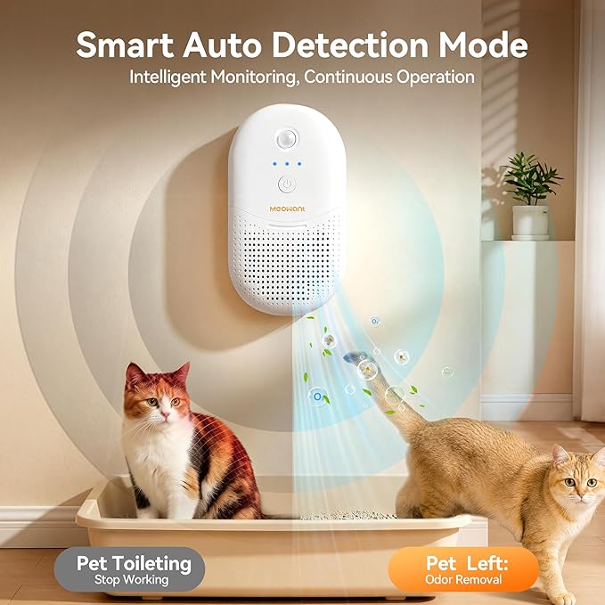 Meowant Cat Litter Odor Deodorizer, Negative Ion Air Purifier with Odor Deodorant Gel, 3 Auto Modes Pet Odor Eliminator with Sensor Monitor, Rechargeable Wireless Odor Remover for Multi-Pet Home
