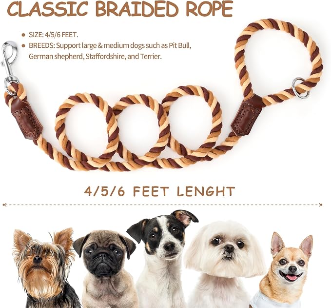 Mile High Life Rainbow Dog Leash Braided Cotton Rope w Leather-Wrapped Ends | Rust-proof 360° swivel clasp, Heavy-duty for medium/large breeds. Great for weddings, daily walks (5FT, 1/2", Brown Gradient)