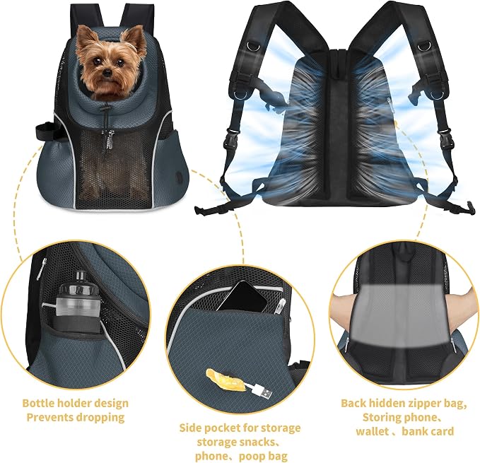 WOYYHO Pet Dog Carrier Backpack, Ventilated Mesh Small Dog Front Backpack | Breathable Puppy Back Pack, with Safety Belt, Storage Pockets, for Travel Hiking Cycling Outdoor Adventures, Dark Gray, S