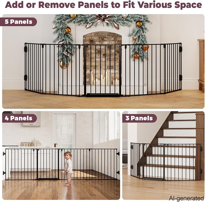 127.5" Wide Configurable Baby Gate for Fireplace Christmas Tree | Extra Wide Child Gate for Large Openings with Anti-Trip Pedal, Long Kid Gate for Dog Pet, 28'' Tall 5 Metal Panels Black