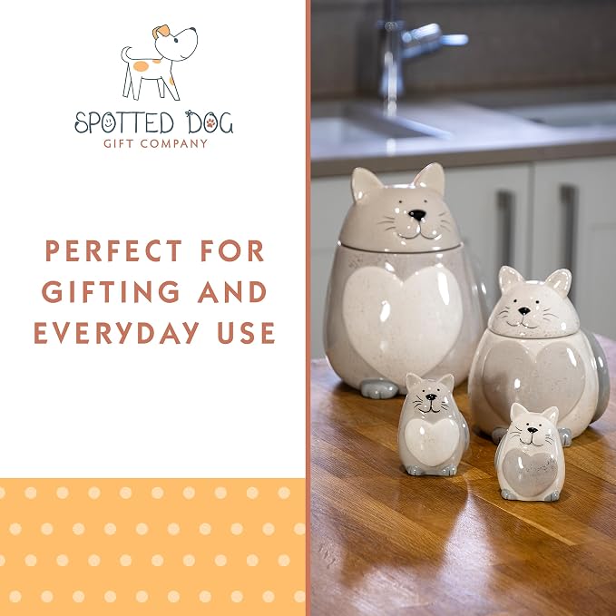 SPOTTED DOG GIFT COMPANY Ceramic Cookie Jar with Lid, Large Cat Treat Container for Cookies & Biscuits, Cute Novelty Kitchen Storage for Countertop, Gifts for Cat Lovers - 43oz Gray