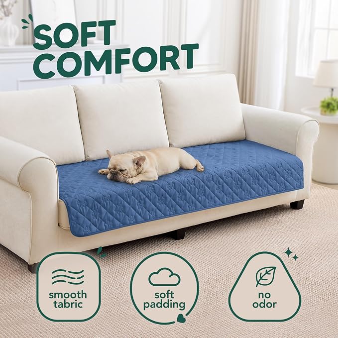PAWFINITY Waterproof Couch Covers for Dogs, Pet Blanket for Sofa Washable | Paw Print Quilted, Hair Resistant, Anti Cat Scratch, Pee Proof Furniture Protector for 3 Seat Sofa and Bed, 30x70 Inch, Blue