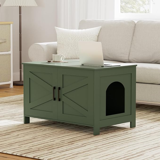 Homhedy 31.5" L Cat Litter Box Enclosure with Barn Door, Green | Wooden Cat Washroom Furniture, Cat House, Pet Storage Cabinet, Dog-Proof, Fit Most of Litter Box, Farmhouse Style