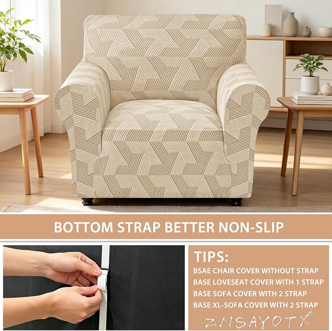 ZNSAYOTX Stretch Armchair Covers for, 1-Piece Chair Slipcovers for Living Room, Furniture Protector with Elastic Bottom for Dogs Cats Kids Geometrical Jacquard Fabric (Small, Khaki)
