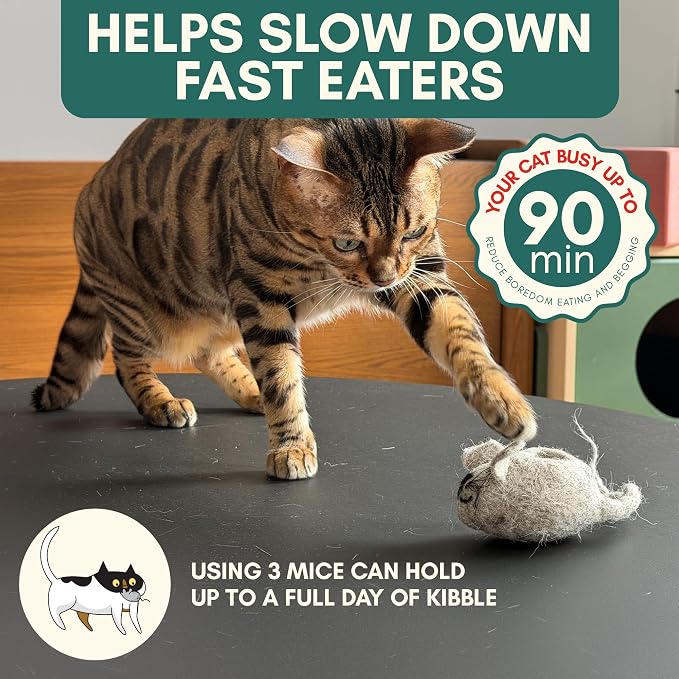 ALBERT & MIA Hunties™ Cat Treat Puzzle Dispenser Toy with 3 Wool Mice | Interactive slow feeder for kittens and indoor hunters, curbs overeating, boredom, natural hunting instinct enrichment play