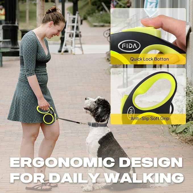 Fida Retractable Dog Leash, Reflective 16ft Heavy Duty Pet Walking Leash for Medium/Large Dog up to 44 lbs, Tangle Free. One-Hand Brake (Medium, Neon Yellow)