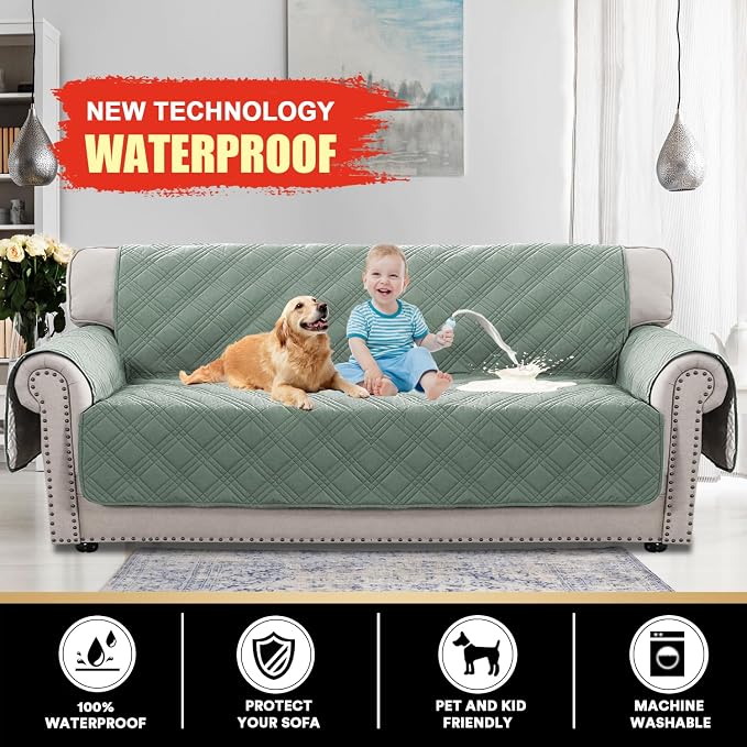 100% Waterproof Couch Cover for 3 Cushion Couch Sofa Pet Friendly Non-Slip Couch Cover for Dogs Washable Water Resistant Furniture Protector with Elastic Straps(Sofa 68", Lily Pad)