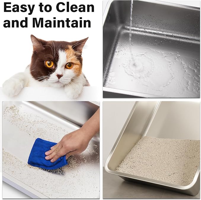 Stainless Steel Litter Box,Metal Cat Litter Box for Kitten | 17.7" L x 13.77" W x 4" H Metal Litterbox for Elderly Cats,Non Stick, No Smell, Easy Entry,Easy to Clean