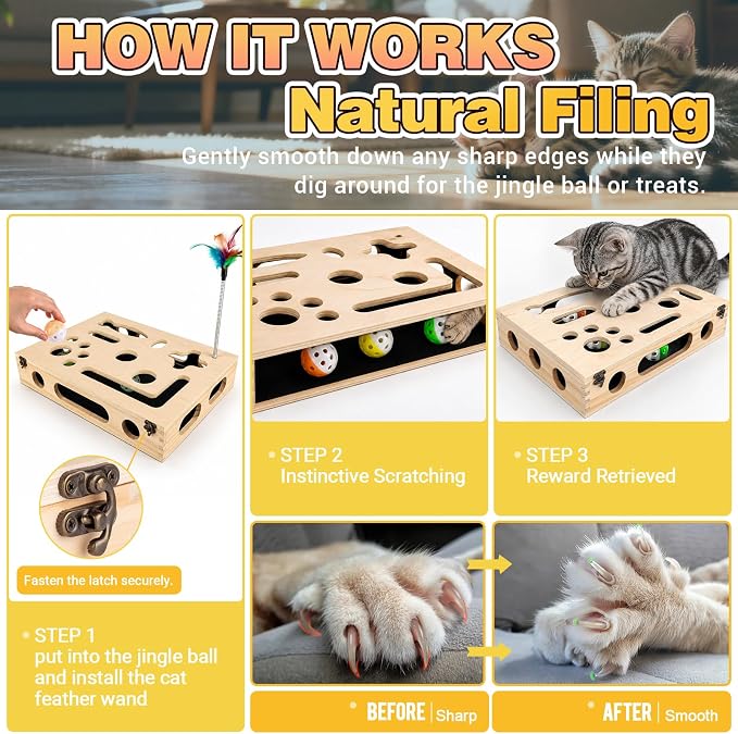 Cat Scratch Puzzle Enrichment Box, Interactive Cat Toy for 3 Balls & 2 Wand | Integrated Cat Nail File Scratcher - Stress Free Alternative to Clippers & Grinders for Indoor Cats