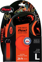 FLEXI® Xtreme Tape Retractable Dog Leash, Large, 26 ft - Orange/Black | German engineered, original flexi leash, durable quality for dogs up to 121 lbs, tangle-free, walking, reliable brake system