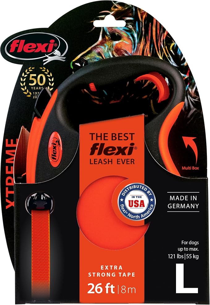 FLEXI® Xtreme Tape Retractable Dog Leash, Large, 26 ft - Orange/Black | German engineered, original flexi leash, durable quality for dogs up to 121 lbs, tangle-free, walking, reliable brake system